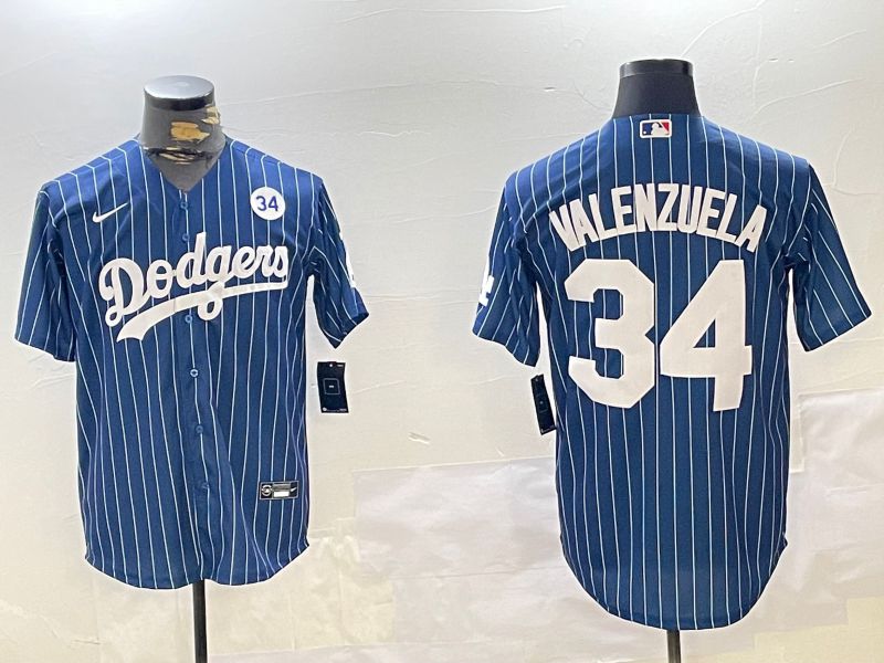 Men Los Angeles Dodgers 34 Valenzuela Blue Stripe Game 2024 Nike MLB Jersey style 11201